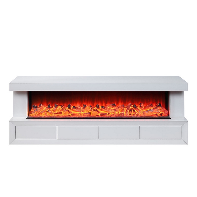 Dori 71 Inch TV Console with Fireplace- Speaker- 4 Drawer- White Solid Wood