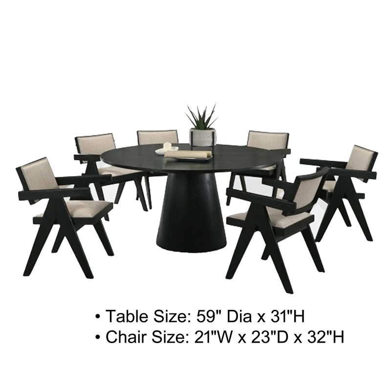 Bili 7pc Round Dining Table and 6 Armchairs Set- Open Back- Beige- Black
