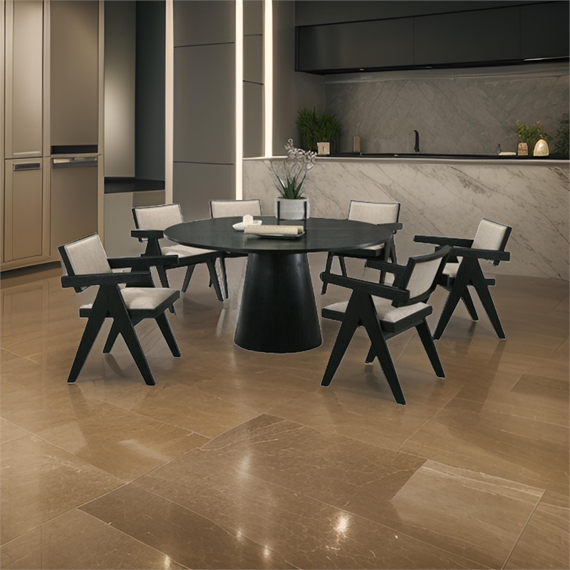 Bili 7pc Round Dining Table and 6 Armchairs Set- Open Back- Beige- Black