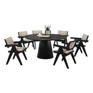 Bili 7pc Round Dining Table and 6 Armchairs Set- Open Back- Beige- Black