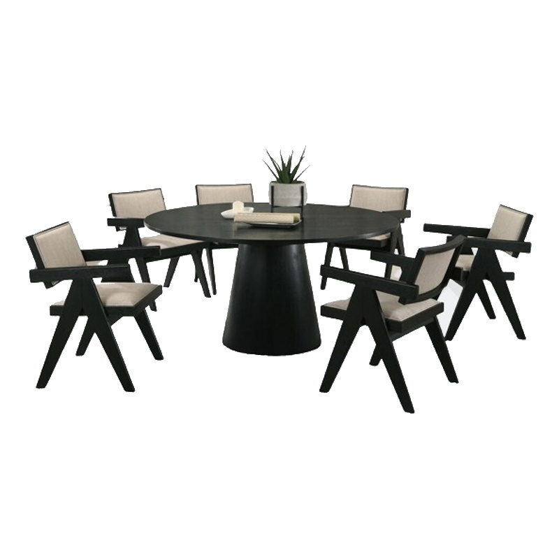 Bili 7pc Round Dining Table and 6 Armchairs Set- Open Back- Beige- Black
