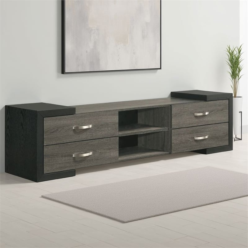 Teny TV Stand Media Cabinet- 70 Inch- 4 Drawers- Black Edge- Gray Wood