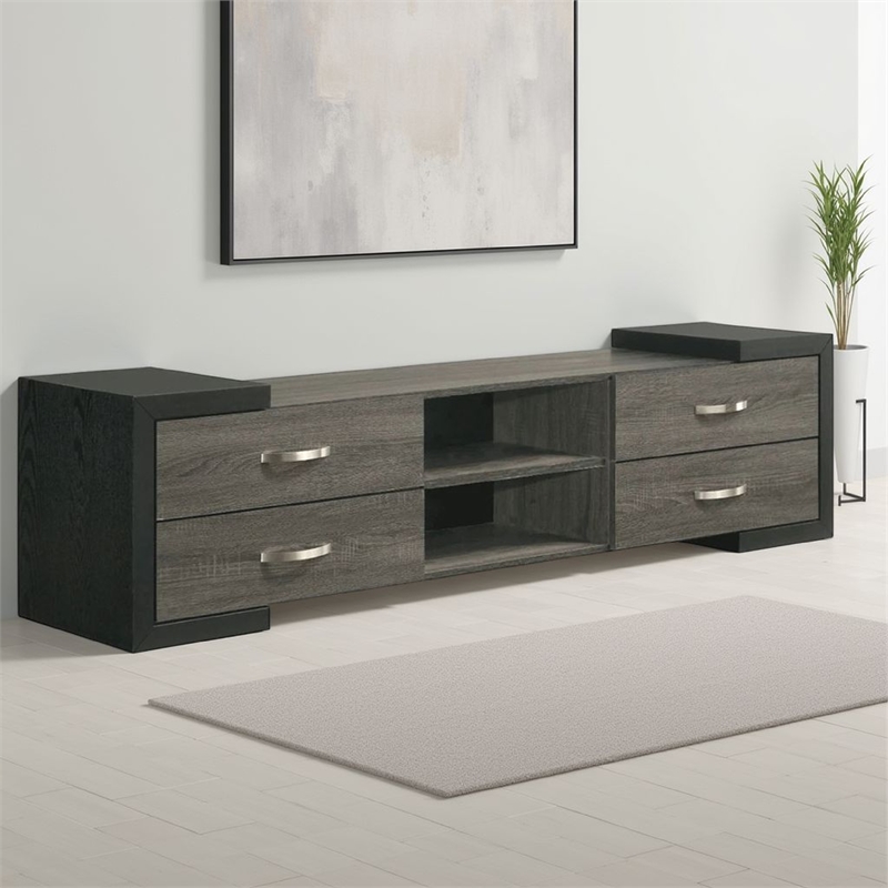 Teny TV Stand Media Cabinet- 70 Inch- 4 Drawers- Black Edge- Gray Wood