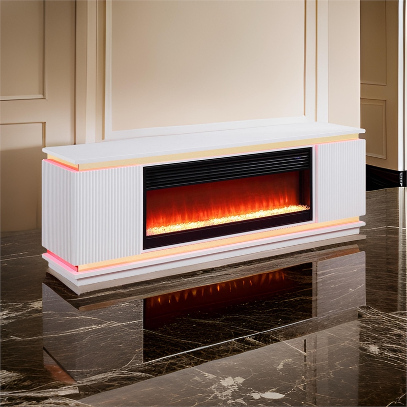 Stan 71 Inch TV Console with Fireplace- Speaker- LED- Cabinets- White Wood