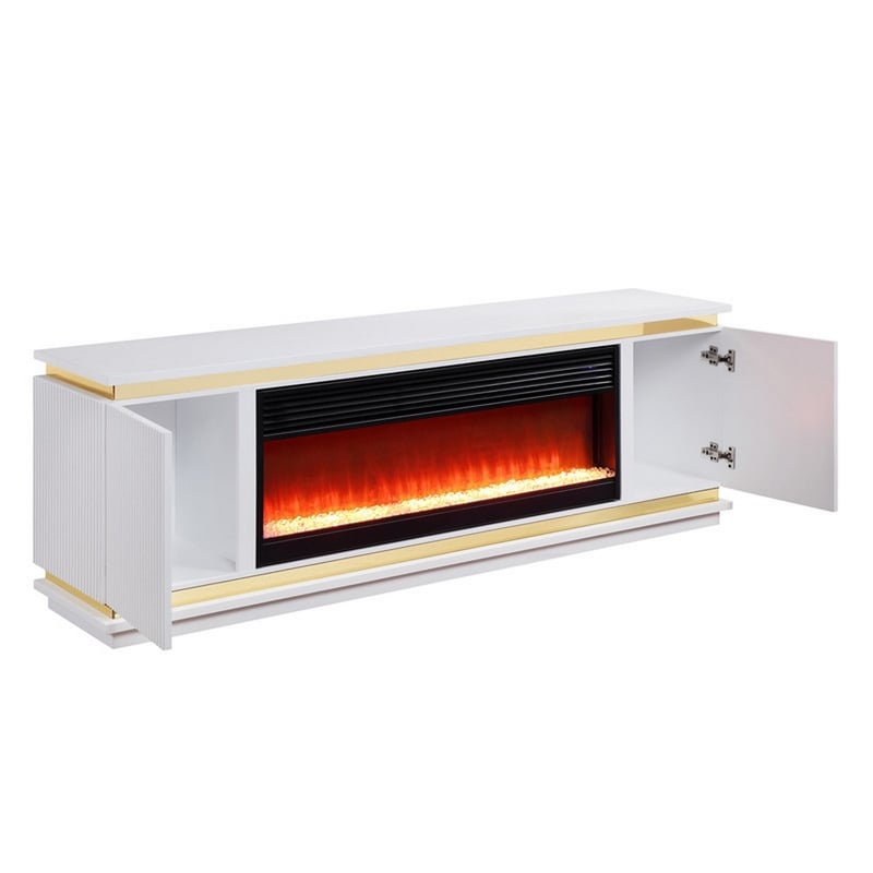 Stan 71 Inch TV Console with Fireplace- Speaker- LED- Cabinets- White Wood