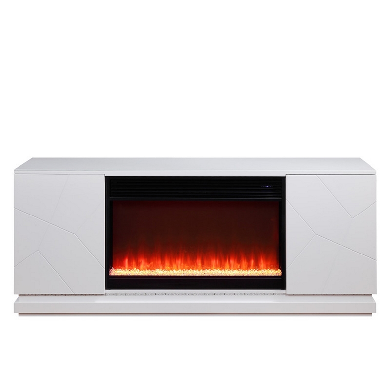 Lay 71 Inch TV Console with Fireplace- Speaker- LED- Cabinets- White Wood