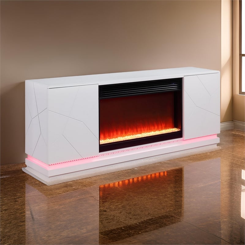 Lay 71 Inch TV Console with Fireplace- Speaker- LED- Cabinets- White Wood