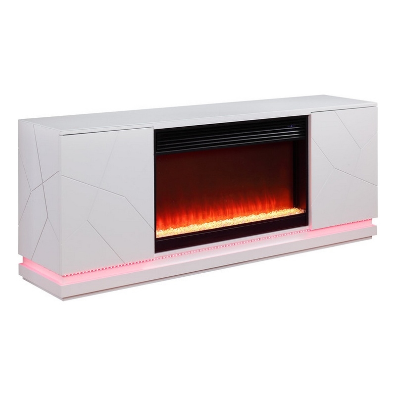 Lay 71 Inch TV Console with Fireplace- Speaker- LED- Cabinets- White Wood