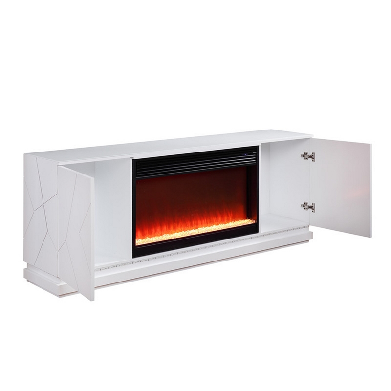 Lay 71 Inch TV Console with Fireplace- Speaker- LED- Cabinets- White Wood