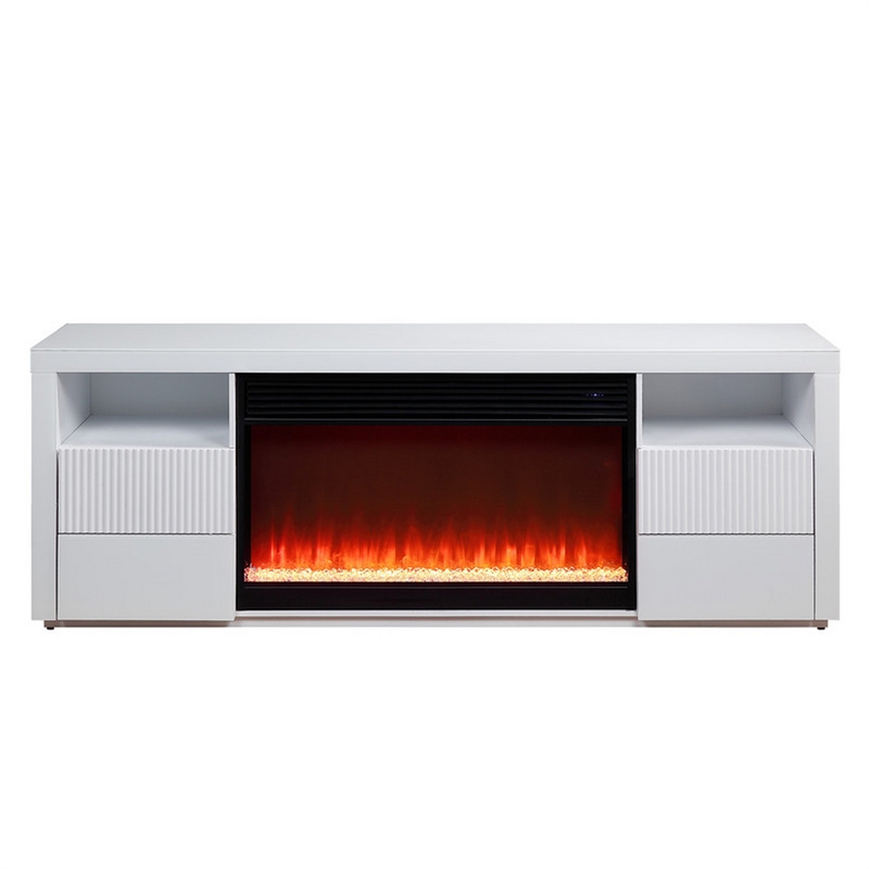 Deni 71 Inch TV Console with Fireplace- Speaker- Drawers- White Wood