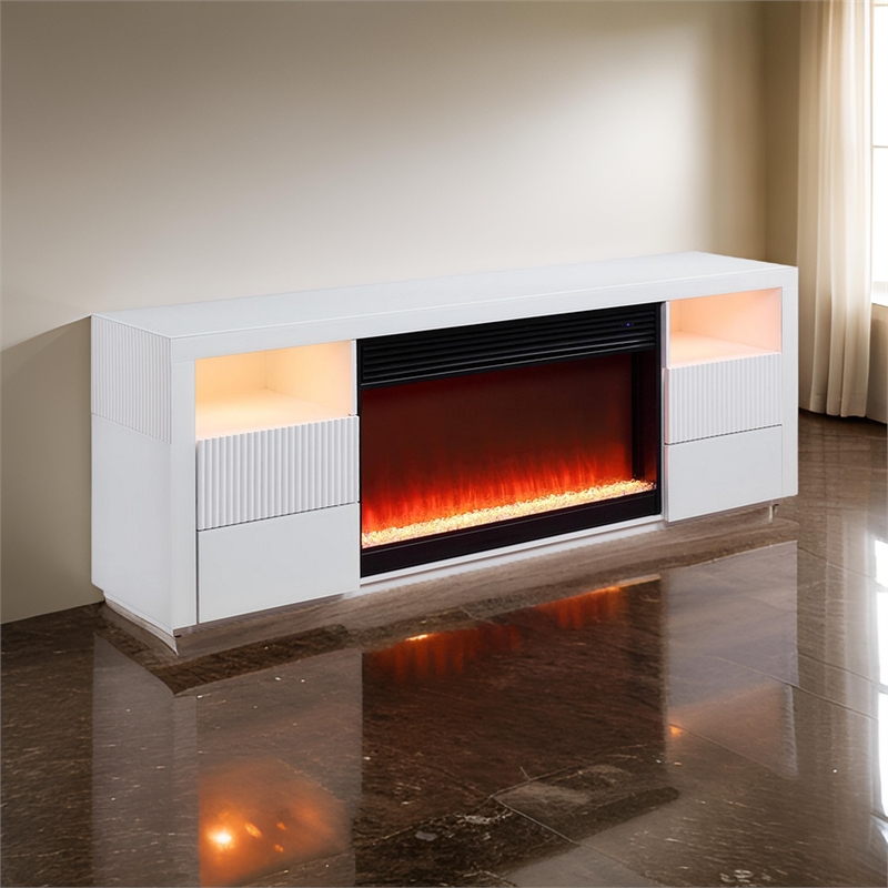 Deni 71 Inch TV Console with Fireplace- Speaker- Drawers- White Wood