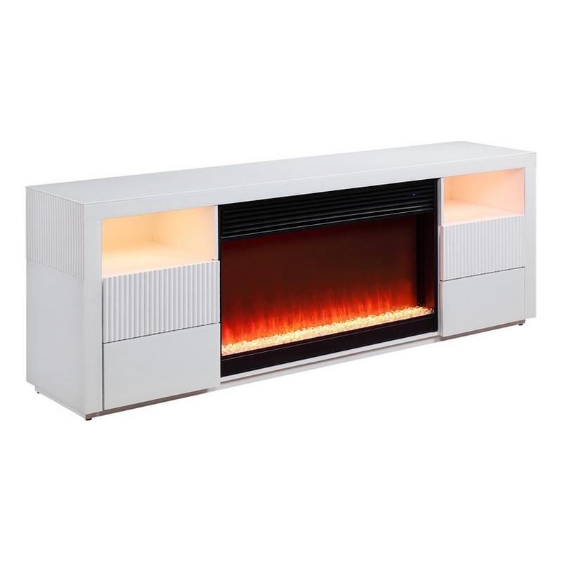 Deni 71 Inch TV Console with Fireplace- Speaker- Drawers- White Wood