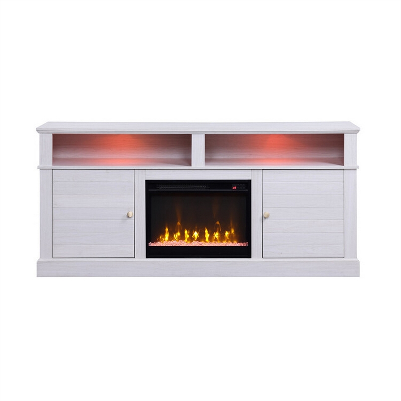 Cier 70 Inch TV Console with LED Fireplace Heater- Plinth Base- White- Gold