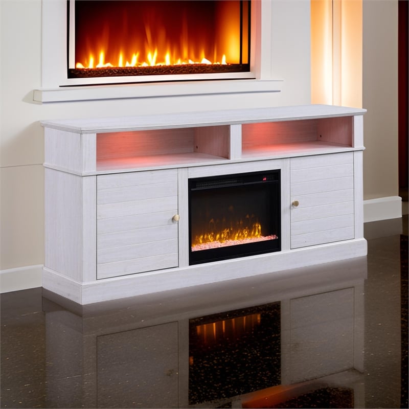 Cier 70 Inch TV Console with LED Fireplace Heater- Plinth Base- White- Gold