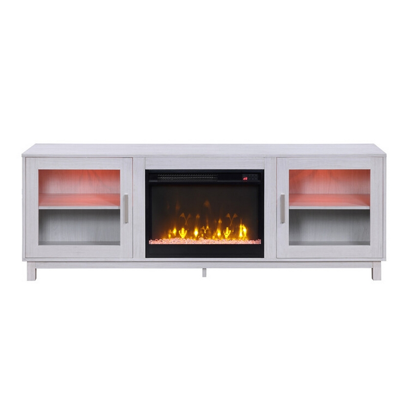Samy 70 Inch TV Console LED Fireplace Heater- Glass Door- White- Silver