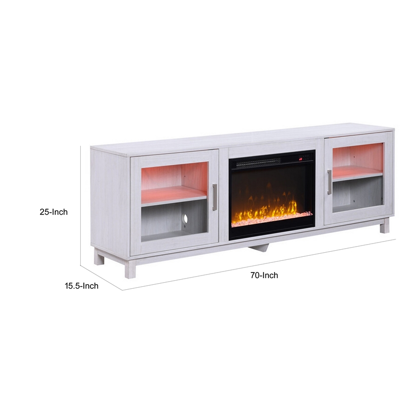 Samy 70 Inch TV Console LED Fireplace Heater- Glass Door- White- Silver