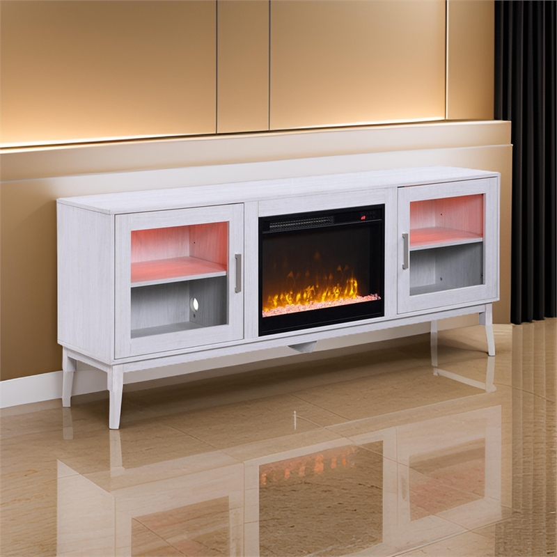 Samy 70 Inch TV Console LED Fireplace Heater- Glass Door- White- Silver