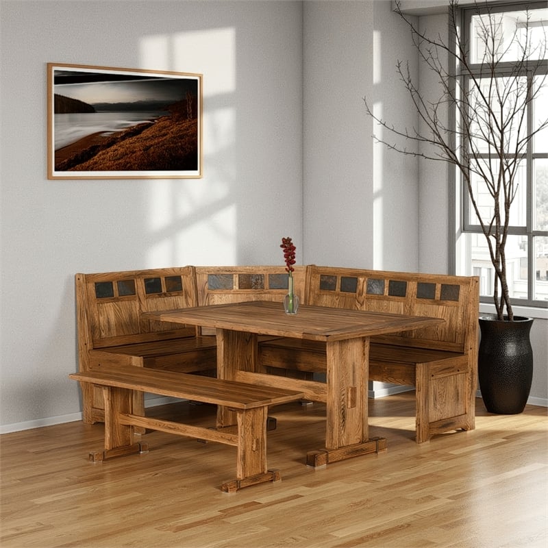 Marv 4pc Breakfast Dining Table Set- Corner Storage Bench Light Brown