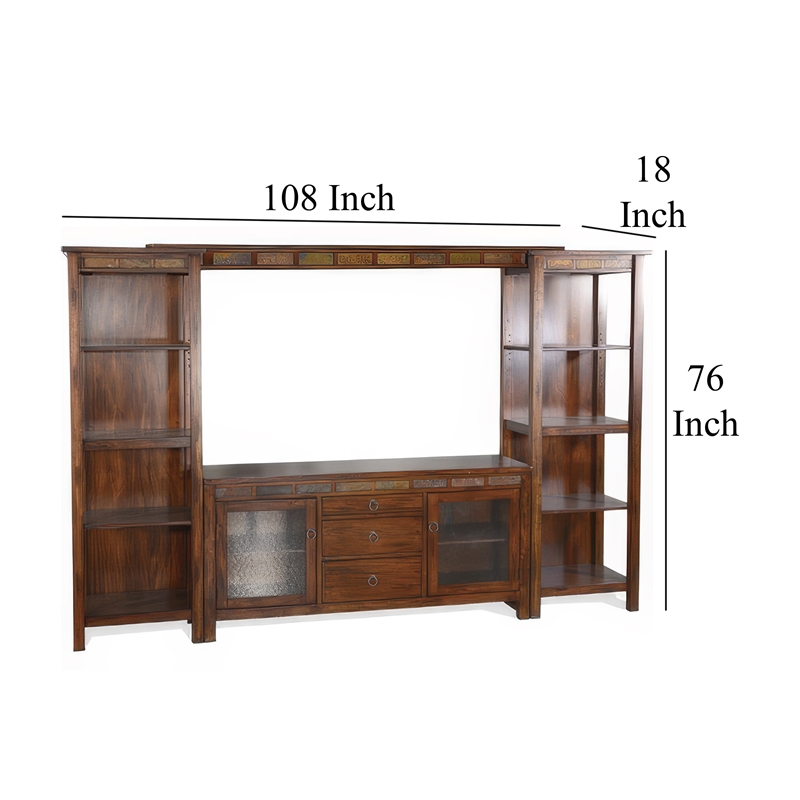 Odell TV Media Wall Entertainment Console with Shelves- Brown 108 Inch