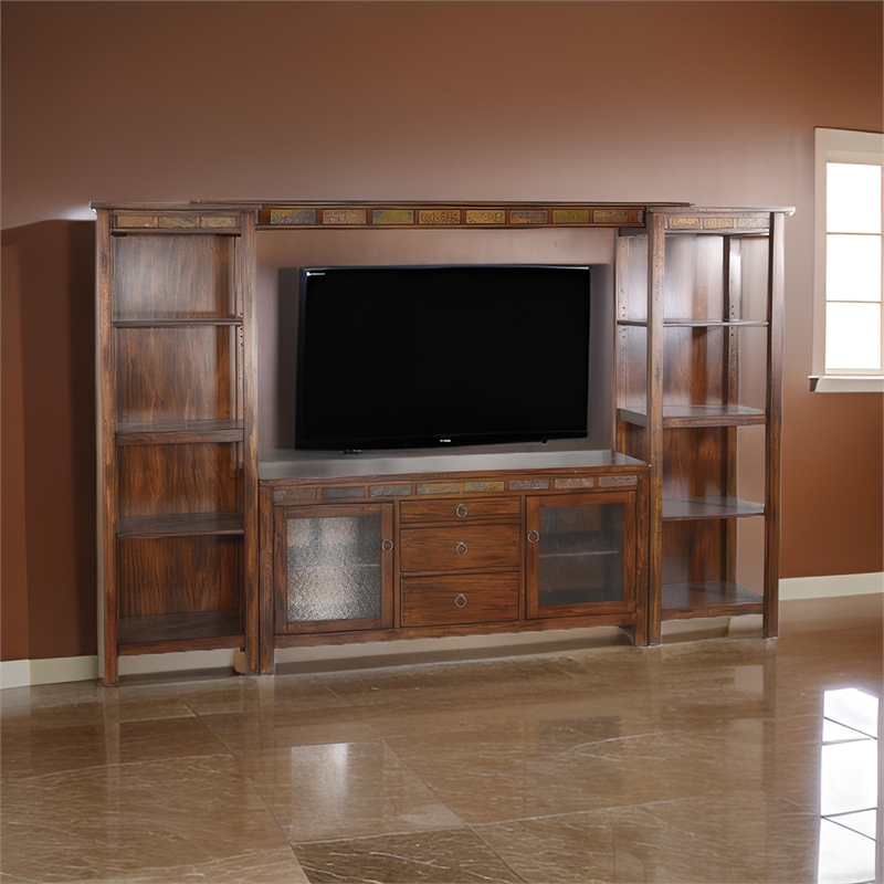 Odell TV Media Wall Entertainment Console with Shelves- Brown 108 Inch