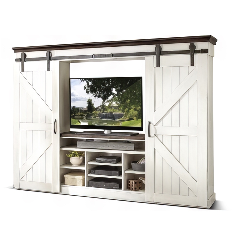 Orso TV Media Entertainment Console Wall w Barn Doors White 109 Inch