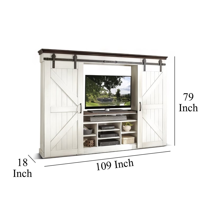 Orso TV Media Entertainment Console Wall w Barn Doors White 109 Inch