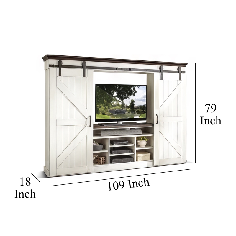 Orso TV Media Entertainment Console Wall w Barn Doors White 109 Inch
