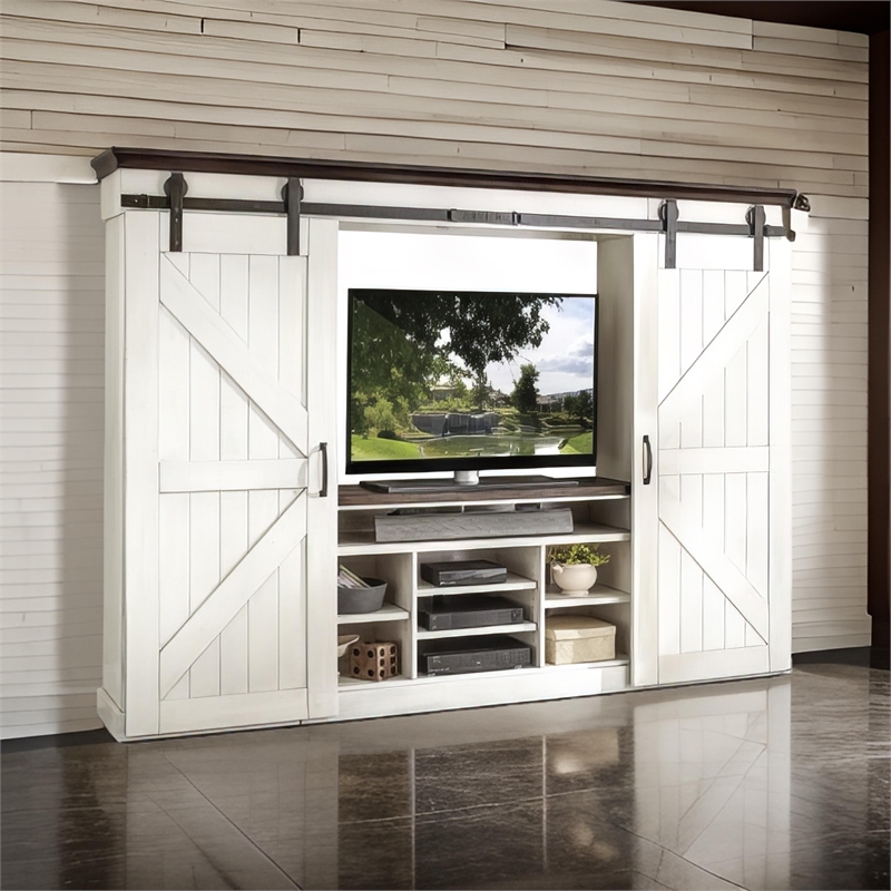 Orso TV Media Entertainment Console Wall w Barn Doors White 109 Inch