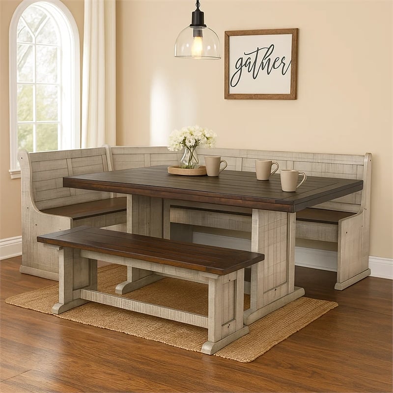 Camie 4pc Corner Breakfast Nook Set- Gray Brown Dining Table and Bench