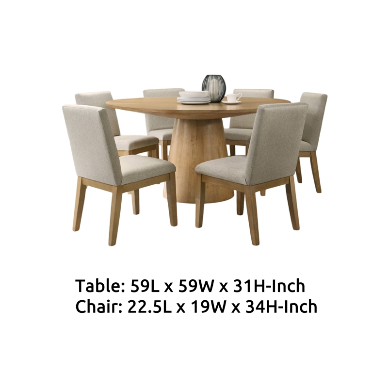 Bili 7pc Round Dining Table Set with 6 Beige Chairs- Brown Solid Wood