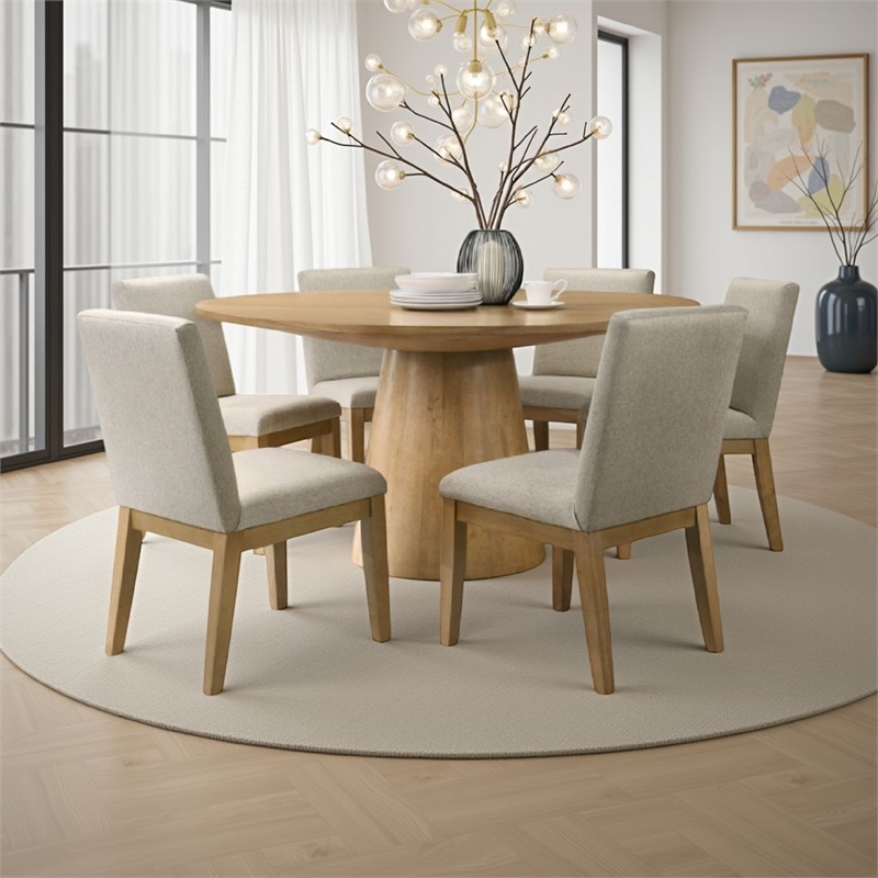Bili 7pc Round Dining Table Set with 6 Beige Chairs- Brown Solid Wood