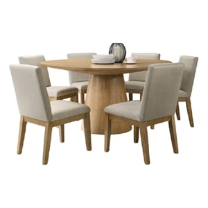 Bili 7pc Round Dining Table Set with 6 Beige Chairs- Brown Solid Wood