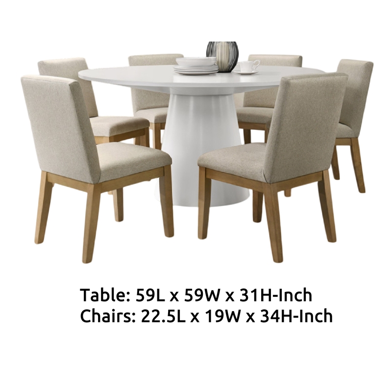 Bili 7pc Round Dining Table Set with 6 Beige Chairs- Brown White Wood