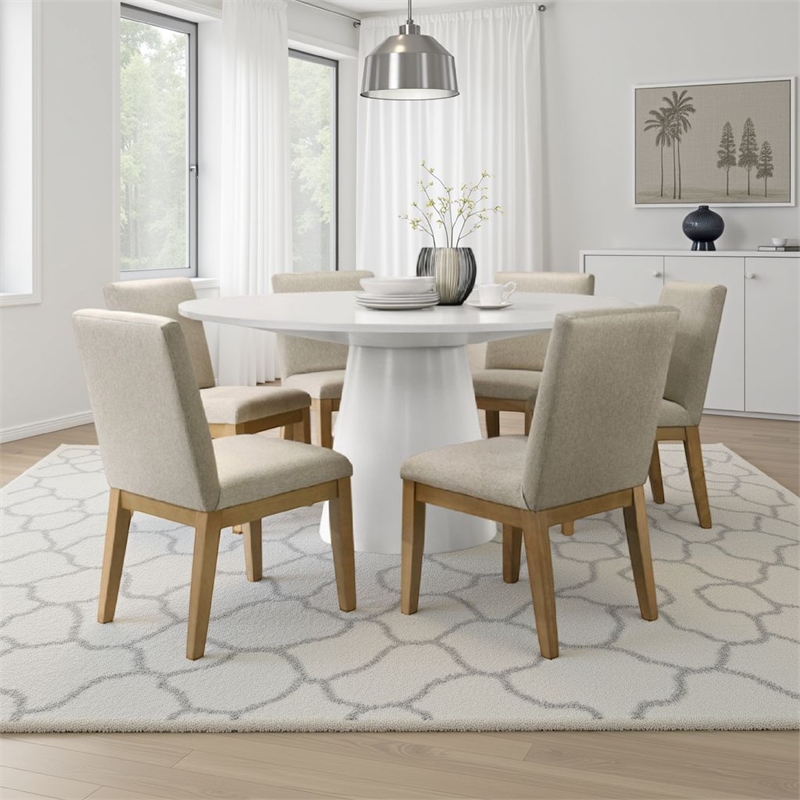Bili 7pc Round Dining Table Set with 6 Beige Chairs- Brown White Wood