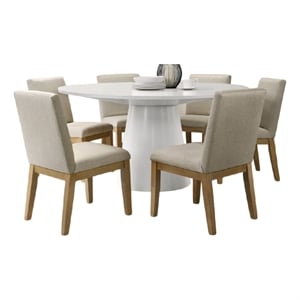 Bili 7pc Round Dining Table Set with 6 Beige Chairs- Brown White Wood