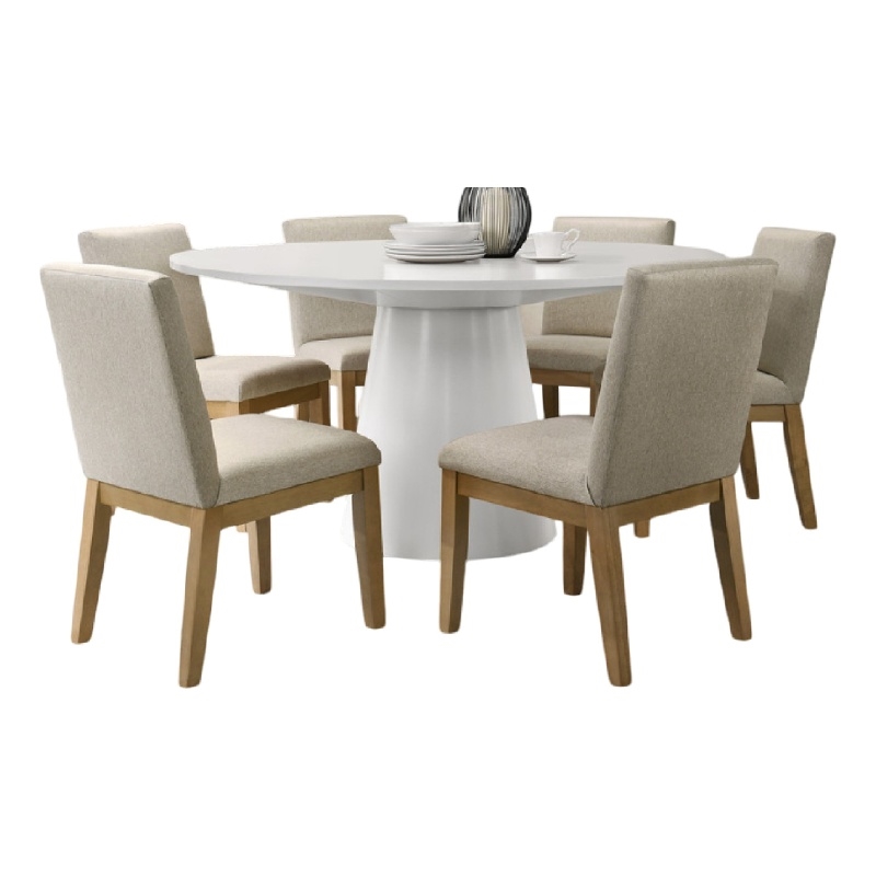 Bili 7pc Round Dining Table Set with 6 Beige Chairs- Brown White Wood
