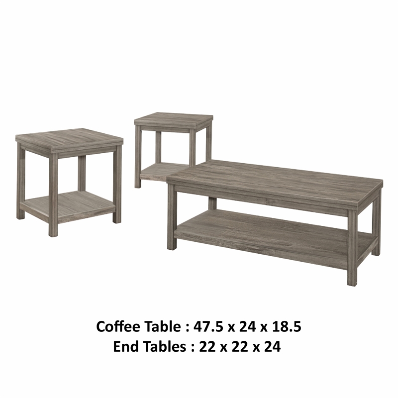 Rie 3pc Coffee Table Set with 2 End Tables- Lower Shelves- Gray Wood