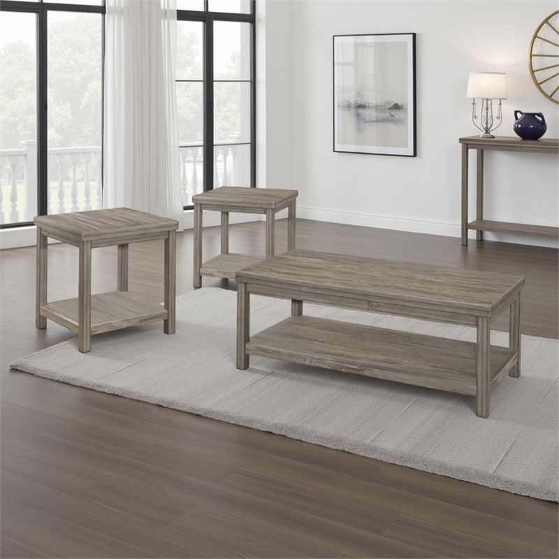 Rie 3pc Coffee Table Set with 2 End Tables- Lower Shelves- Gray Wood