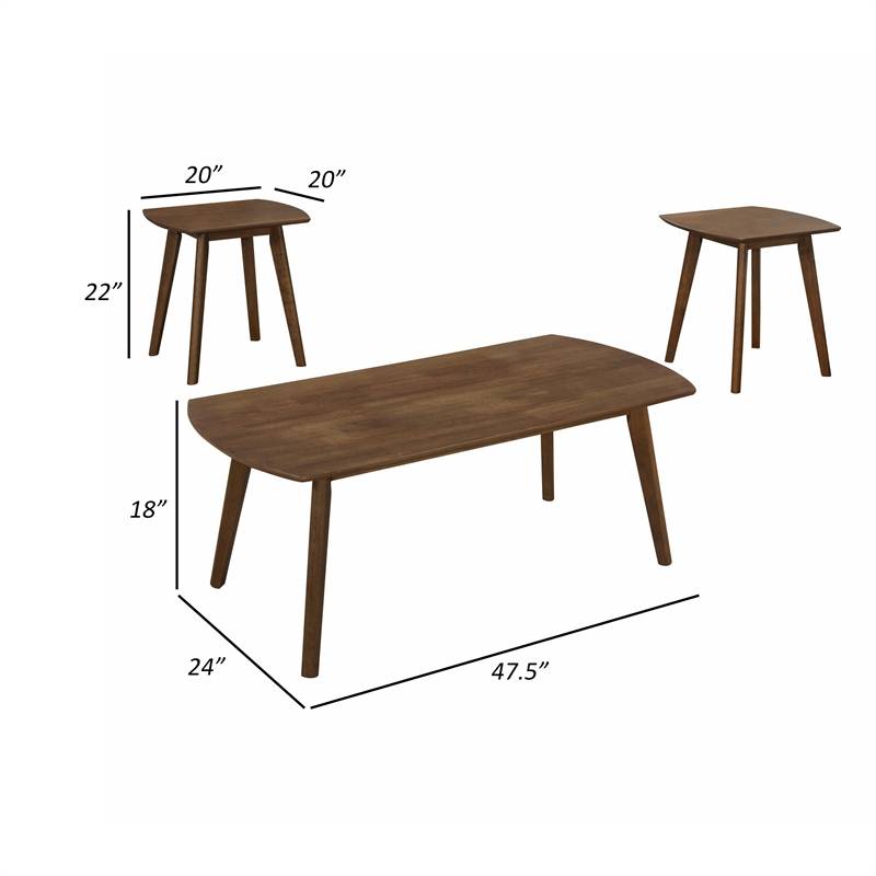 Indy 3 Piece Coffee and End Table Set- Angled Legs- Walnut Brown Solid Wood