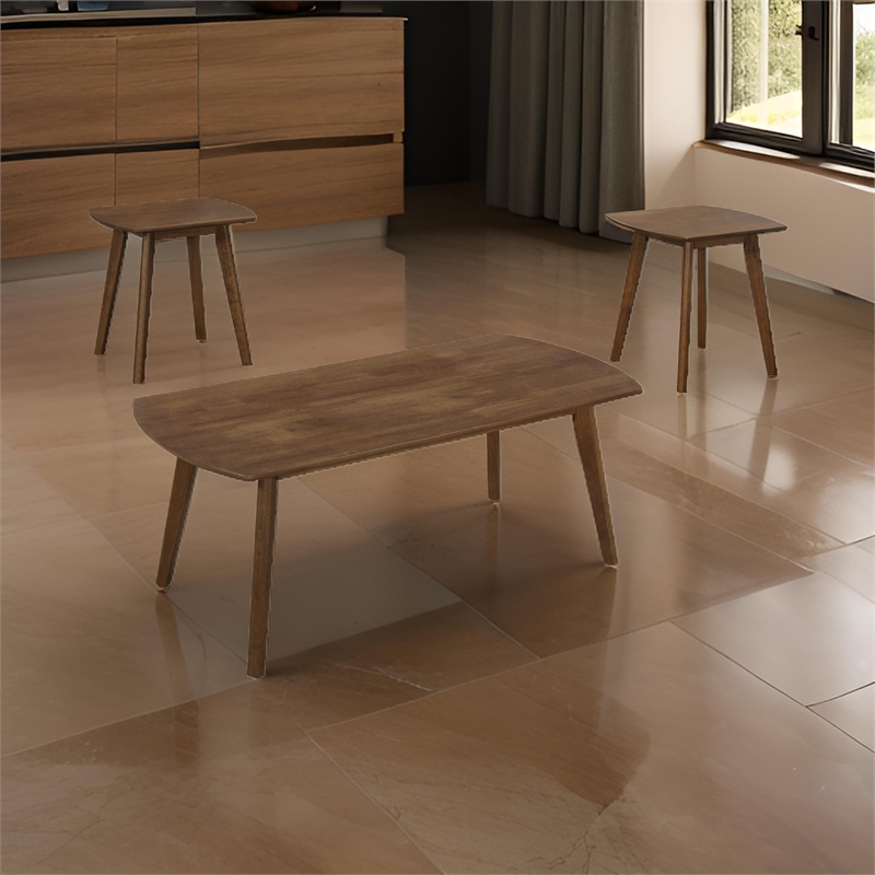Indy 3 Piece Coffee and End Table Set- Angled Legs- Walnut Brown Solid Wood