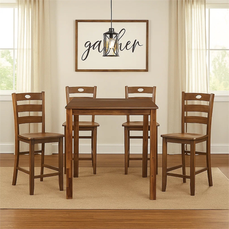 Tori 5 Piece Counter Height Dining Set- Square Table and 4 Chairs- Brown