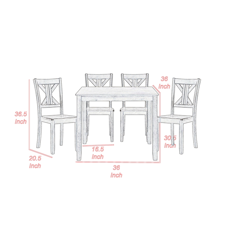 Ivy 5 Piece Dining Set- Square Top Table- 4 X Back Chairs- Brown Solid Wood