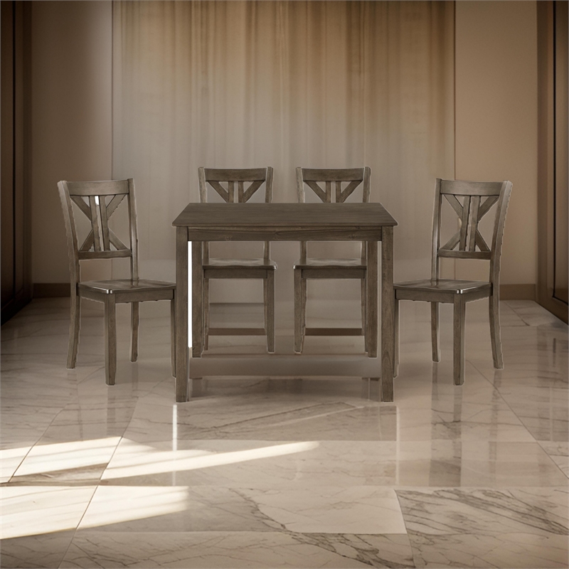 Ivy 5 Piece Dining Set- Square Top Table- 4 X Back Chairs- Brown Solid Wood
