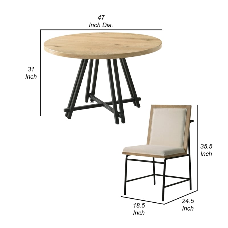 Tete Dining Table Set with 4 Chairs- Solid Wood Round Top- Black Metal Base