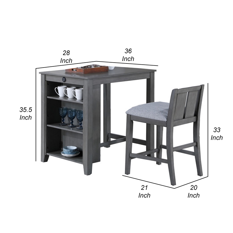 Ham 3 Piece Counter Height Compact Dining Table- Chair Set- Gray Wood