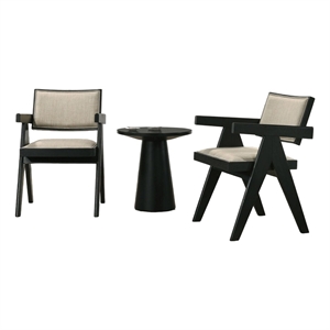 Bili 3pc Dining Armchair and Side Table Set- Open Backrests- Beige- Black