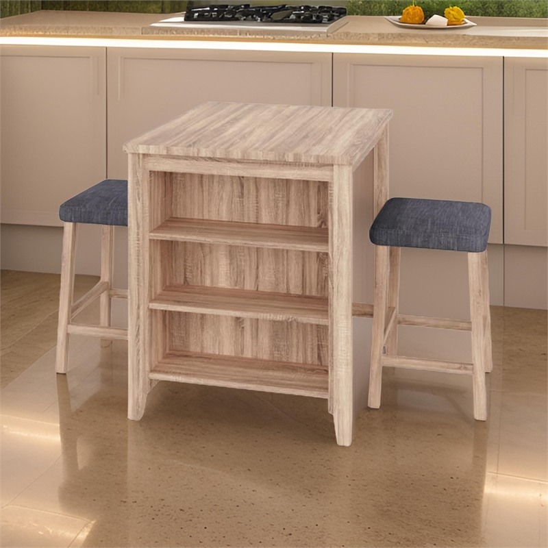 Dawny 3pc Counter Height Table Set with Stools- Shelves- Brown Oak Wood
