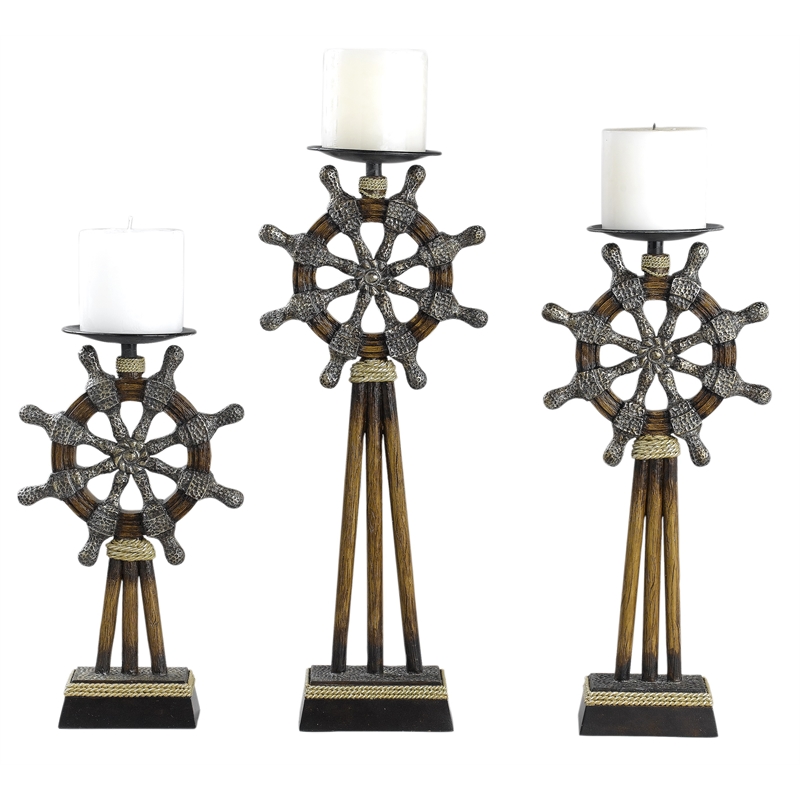 Capi 3pc Candle Holder Set w Candles- Bronze Wheel Shape- Solid Base