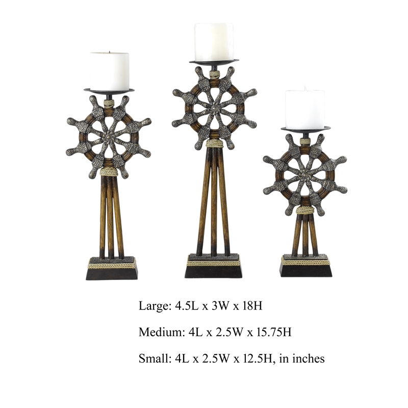 Capi 3pc Candle Holder Set w Candles- Bronze Wheel Shape- Solid Base