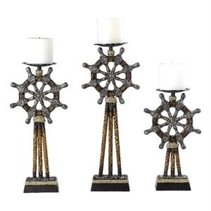 Capi 3pc Candle Holder Set w Candles- Bronze Wheel Shape- Solid Base